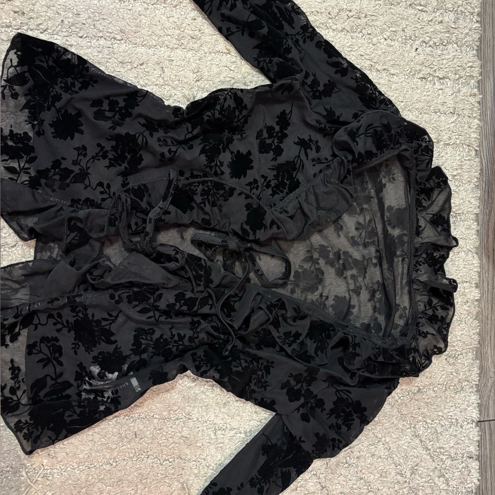 Black Floral Velvet Wrap Top
